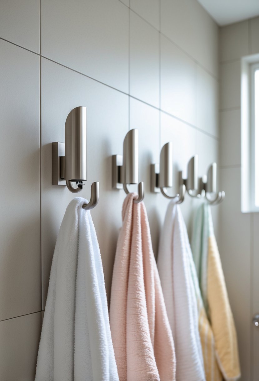 Wall hooks mounted in a small bathroom holding robes and towels.