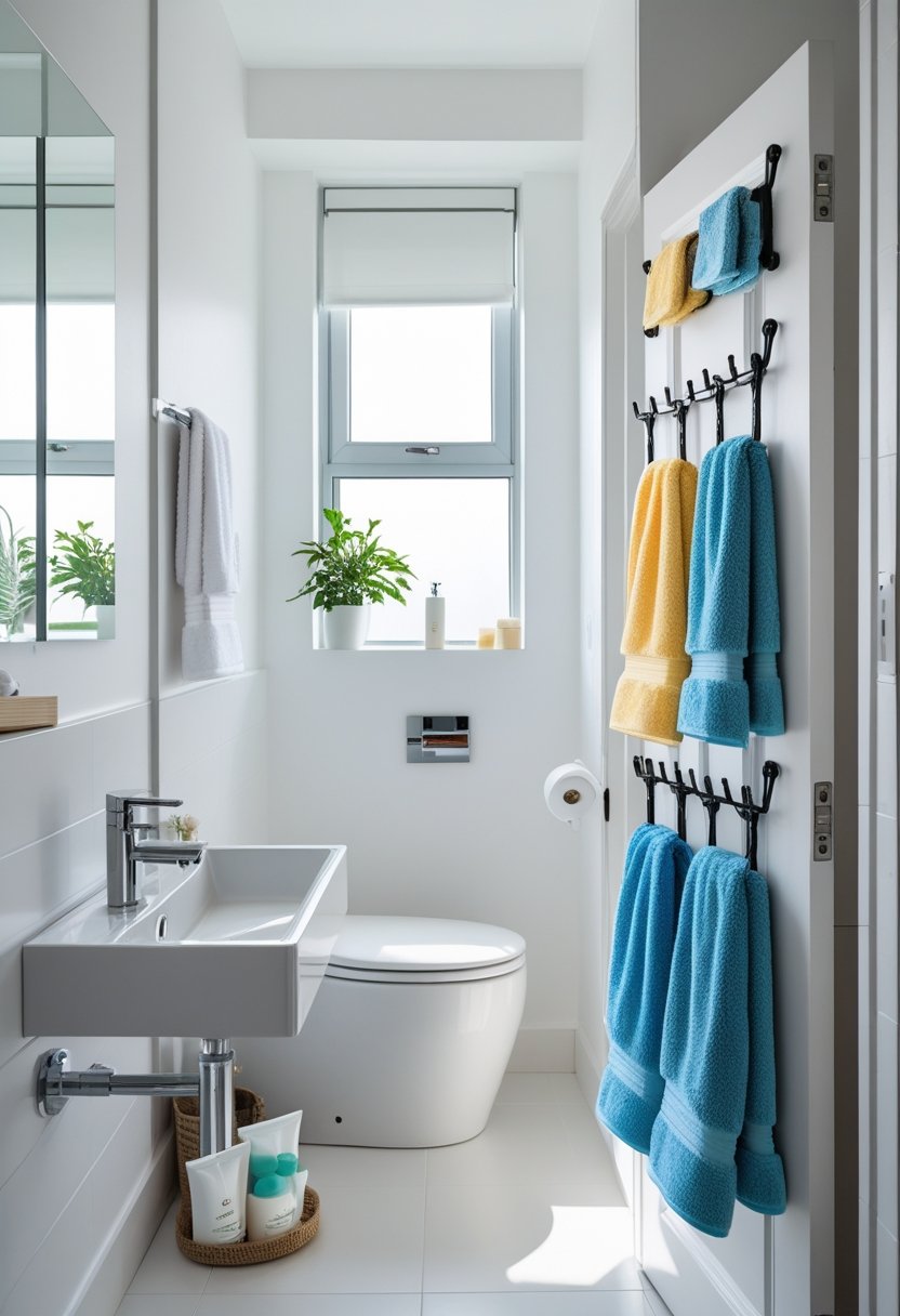 Small bathroom with towels hanging on hooks and an over-the-door rack, featuring a sink, mirror, and natural light.