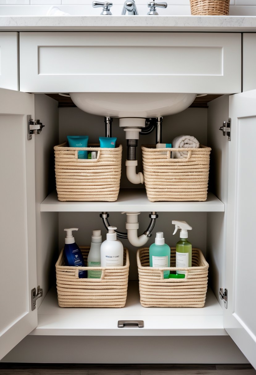 An open bathroom cabinet under the sink with stackable baskets holding small bathroom items neatly organized.