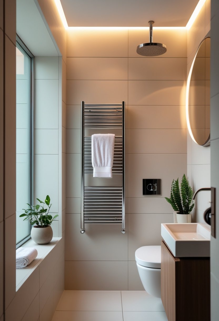 Small bathroom with a heated towel rack mounted on the wall next to a shower, a vanity with a round mirror, and a potted plant on the countertop.