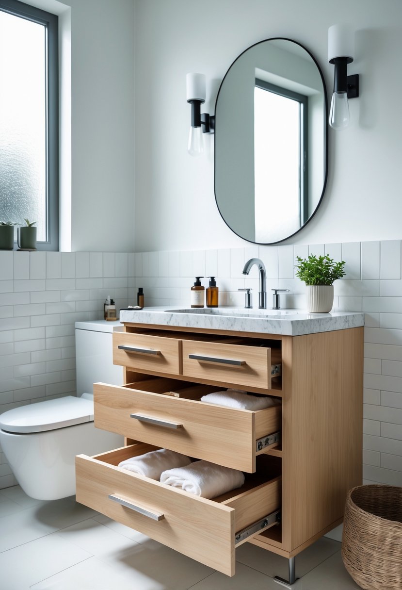 Small bathroom with a vanity featuring built-in drawers and compartments, neatly organized with toiletries and towels.