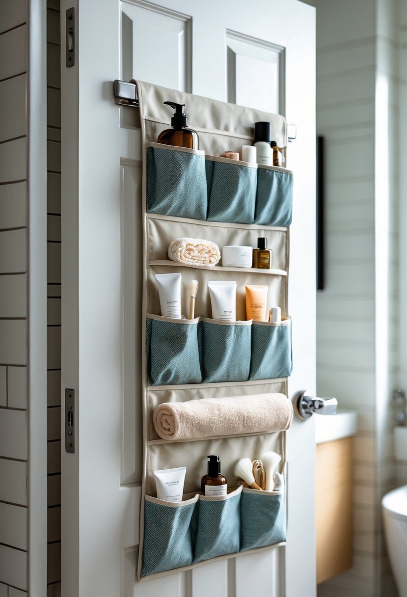 A multi-pocket fabric organizer hanging on the back of a bathroom door filled with toiletries and small bathroom items.