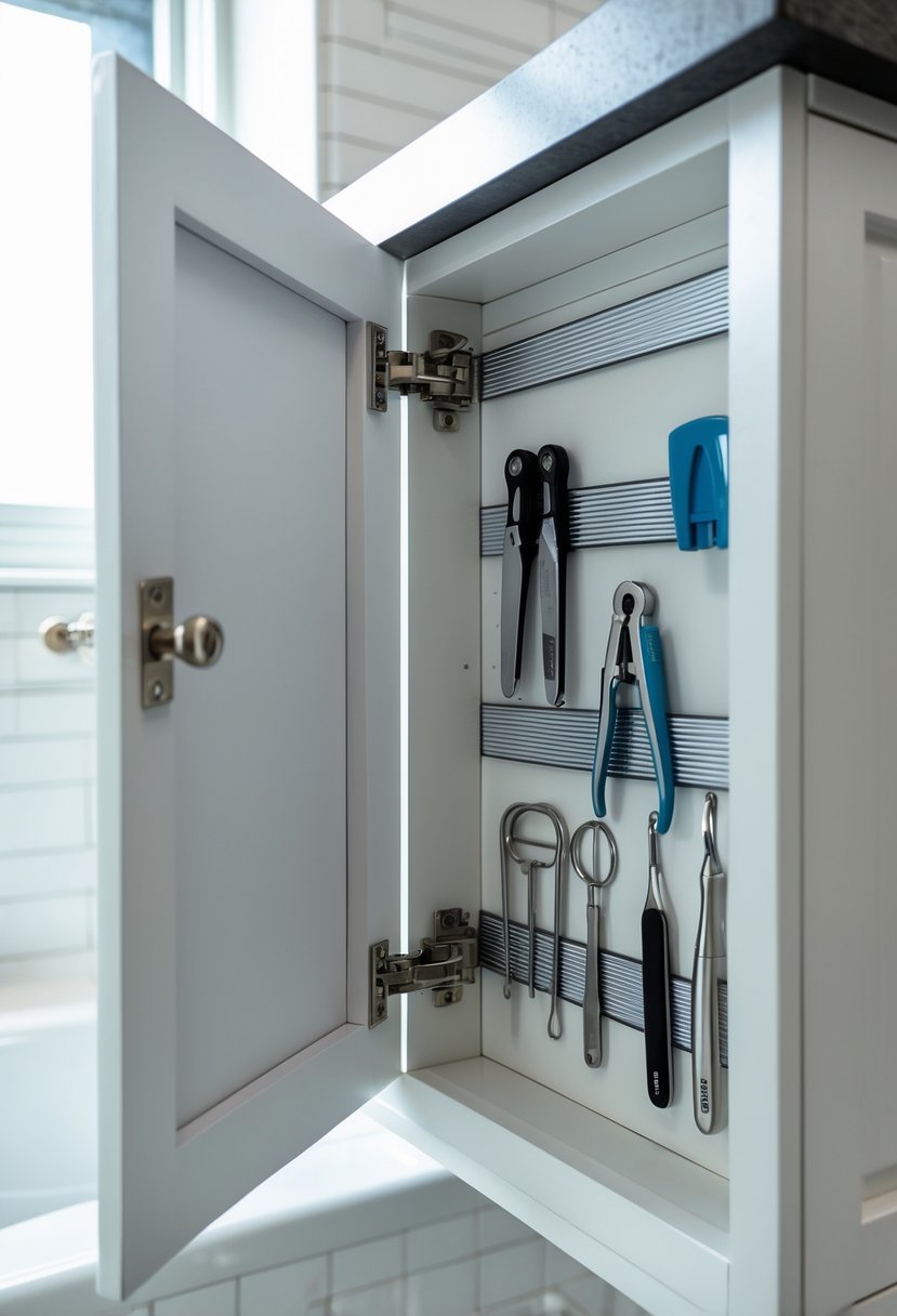 Open bathroom cabinet door showing magnetic strips holding metal tools like scissors and nail clippers inside.