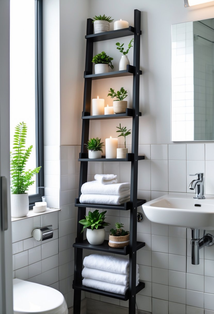 A small bathroom with a slim ladder shelf holding towels, plants, and toiletries next to a modern sink.
