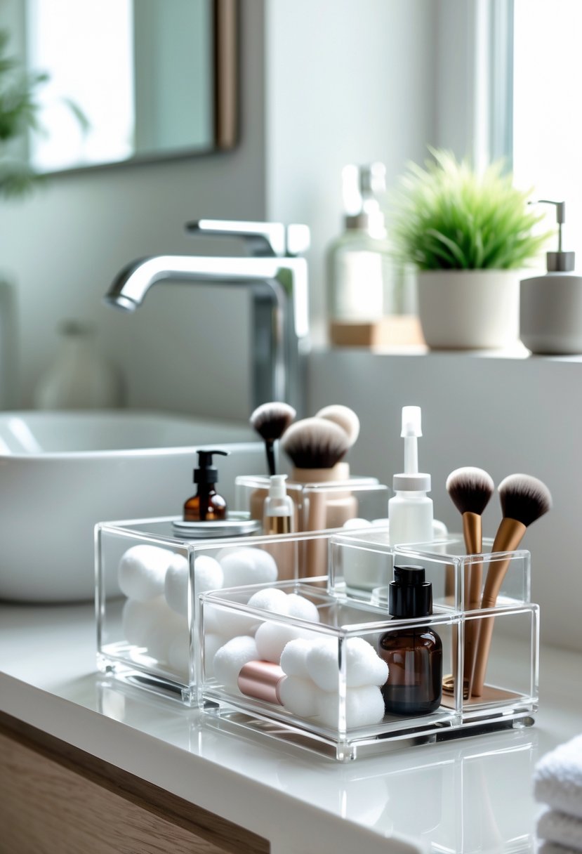 Small bathroom countertop with clear acrylic containers organizing toiletries next to a sink.