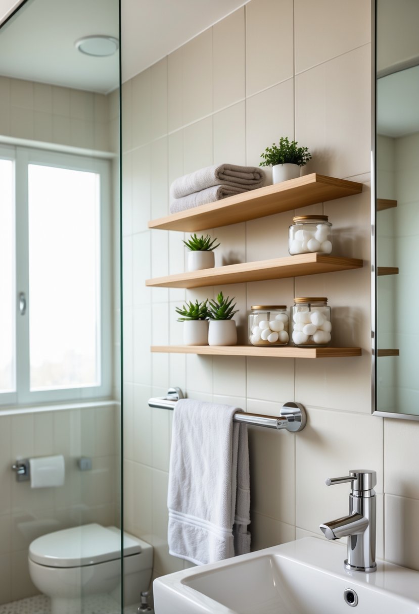 Small bathroom with a towel bar and shelves above holding towels and bathroom items.