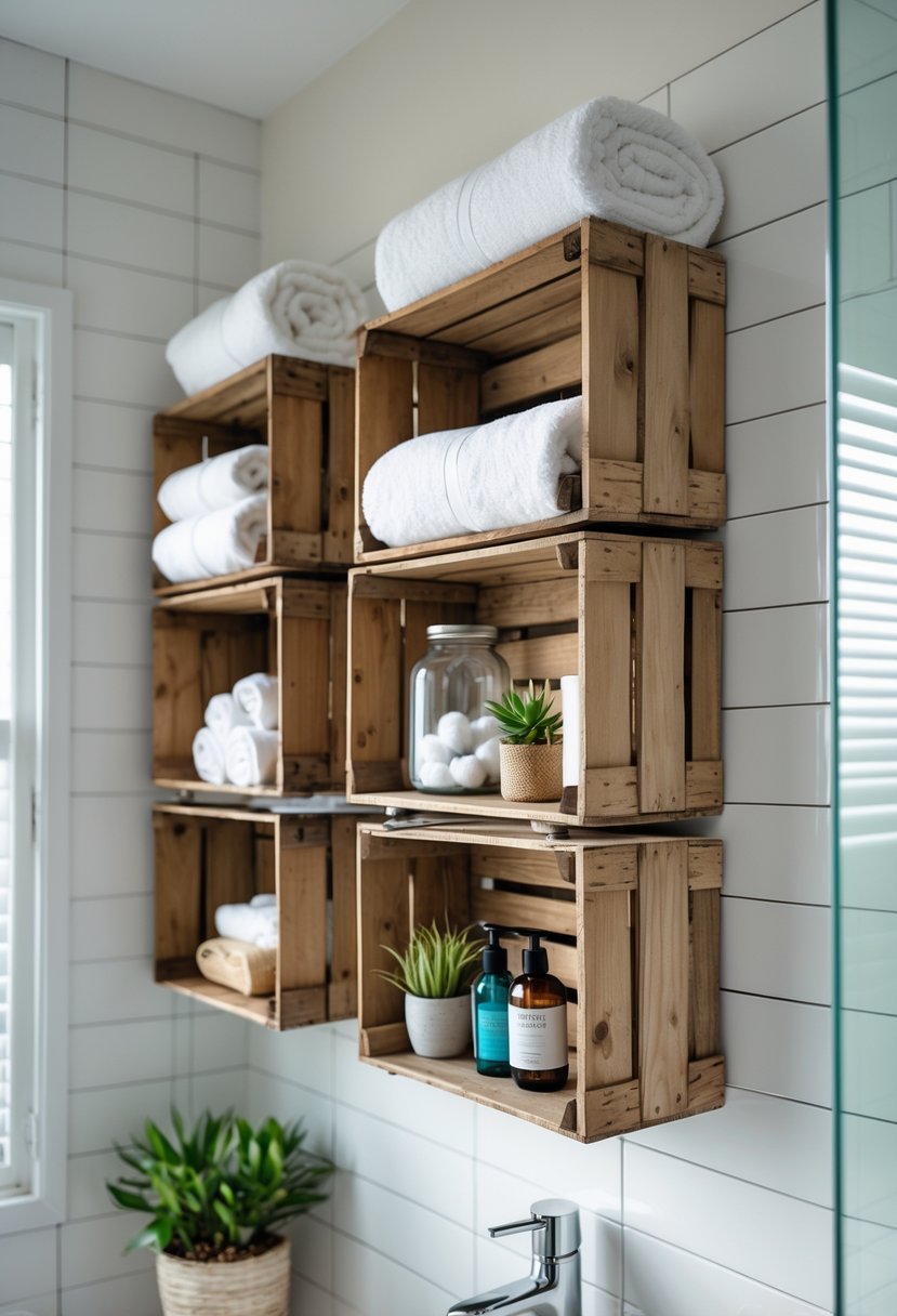 Small bathroom with vintage wooden crates mounted on the wall holding towels, jars, plants, and toiletries above a sink.