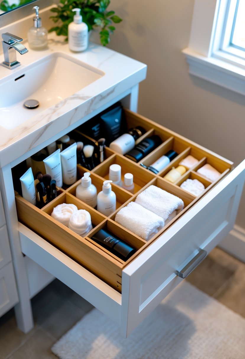 A small bathroom drawer organized with dividers holding makeup brushes, skincare bottles, cotton pads, and towels.