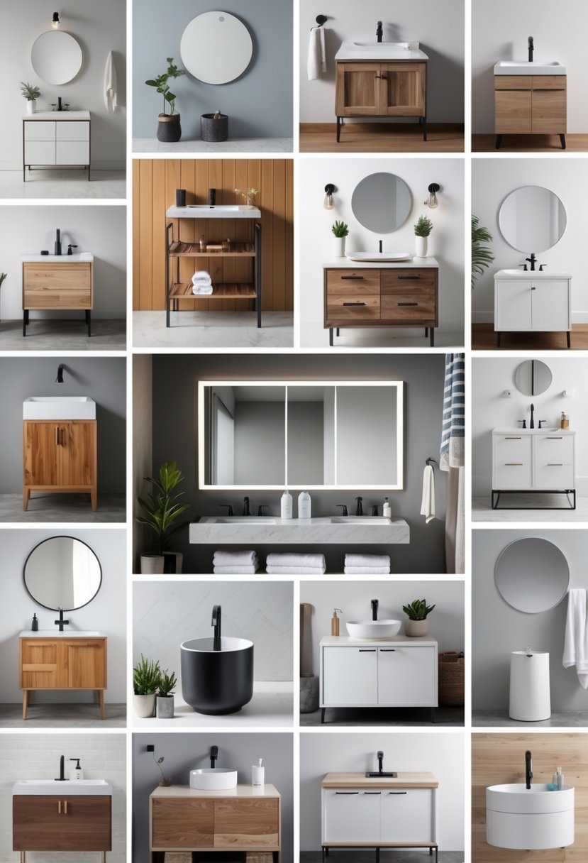 A collage of 15 different small bathroom vanities, each with unique designs, sinks, and fixtures, arranged neatly in a grid.
