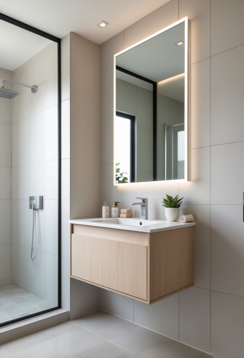 Small bathroom with a wall-mounted floating vanity, sink, mirror, and open floor space beneath.