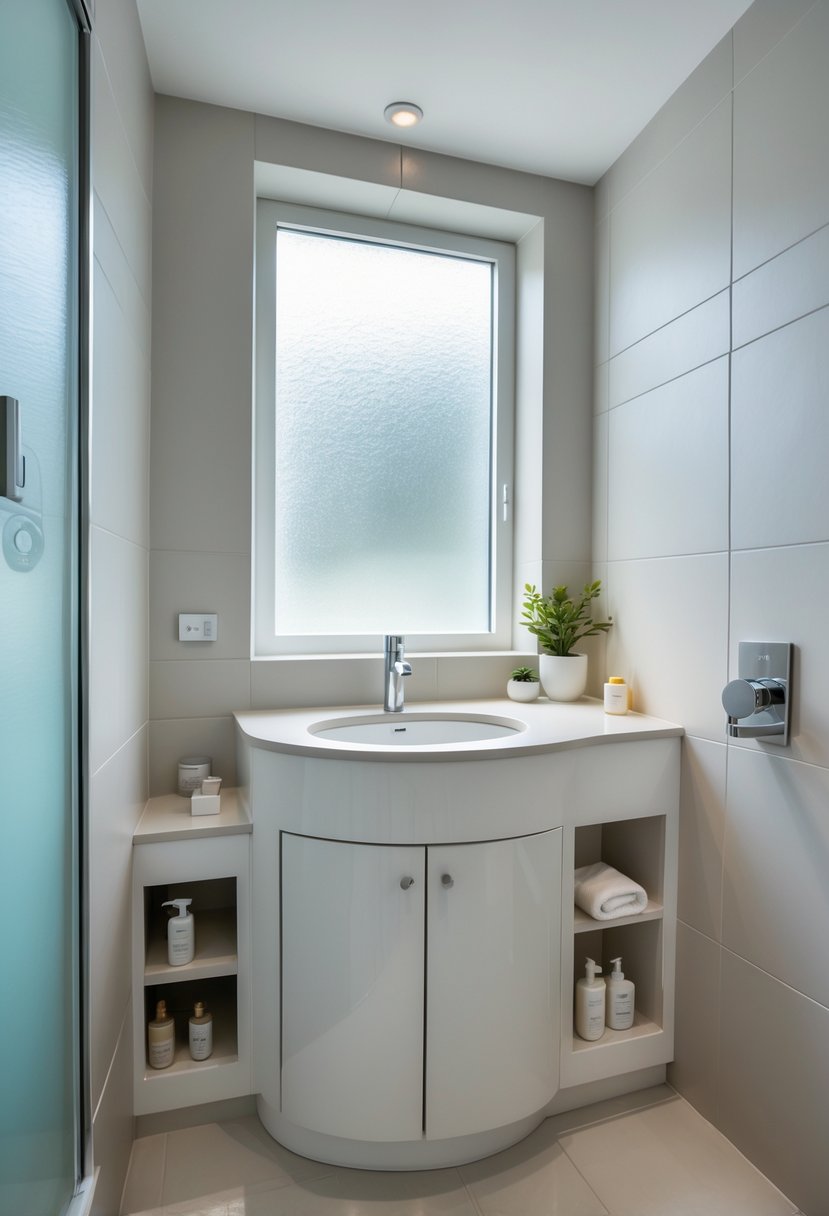 Small bathroom with a corner vanity making use of unused space, featuring a sink, countertop, and storage in a bright, clean setting.