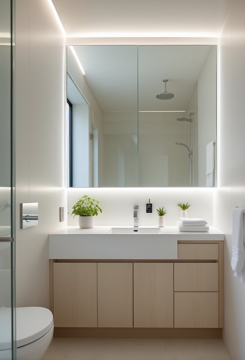 Small bathroom with a compact vanity featuring a large mirror that reflects the room, creating a sense of openness.