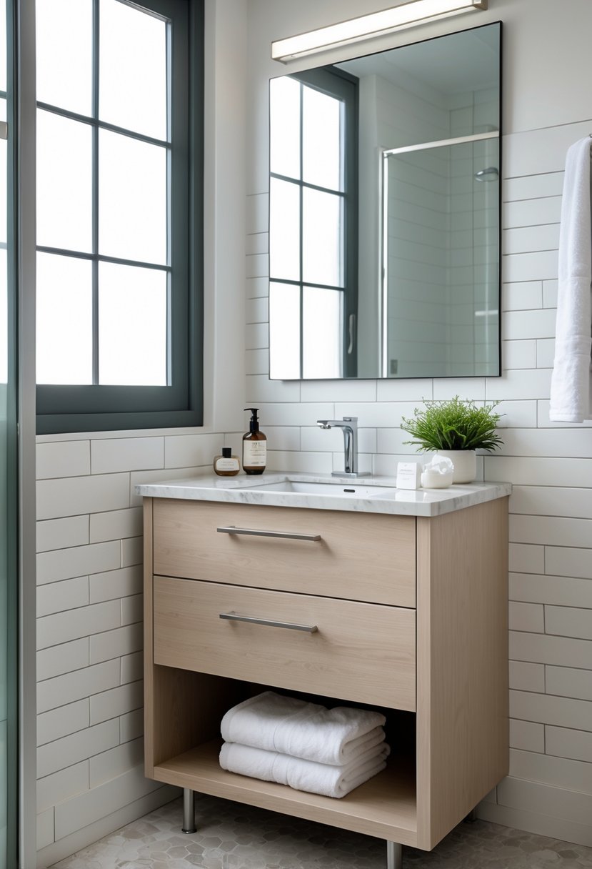 Small bathroom with a compact vanity featuring built-in storage drawers, a white countertop with a sink, a mirror above, and natural light coming through a window.