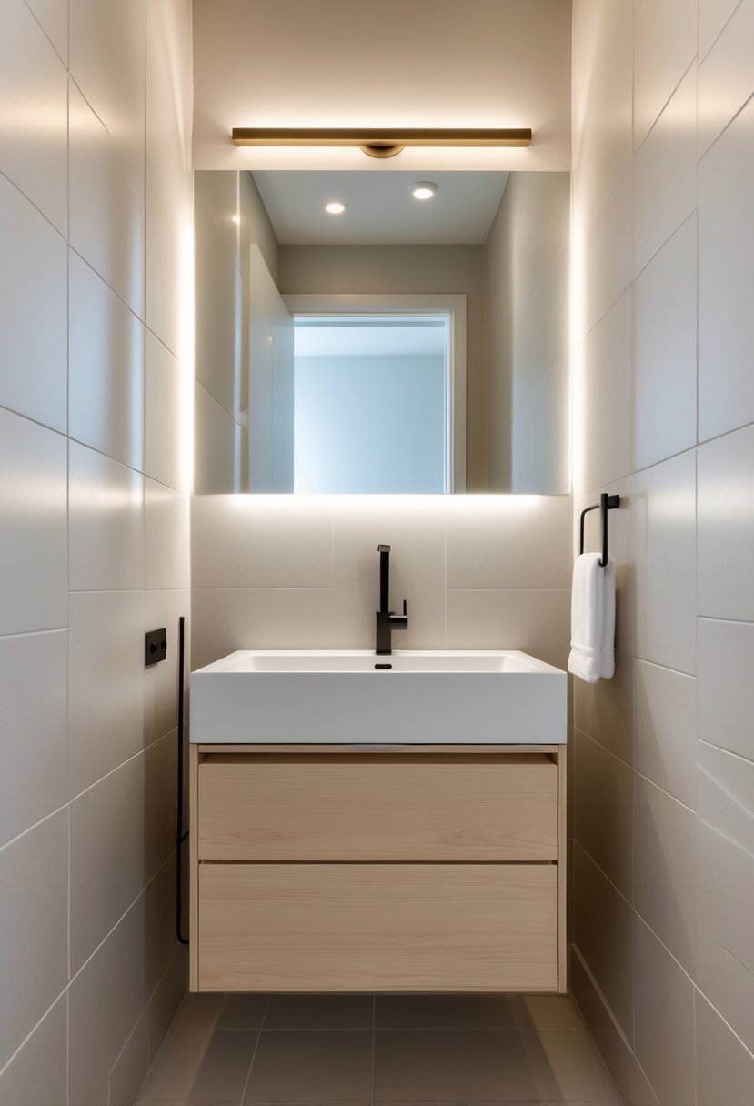 Small bathroom with a wall-mounted vanity, mirror, and modern fixtures.