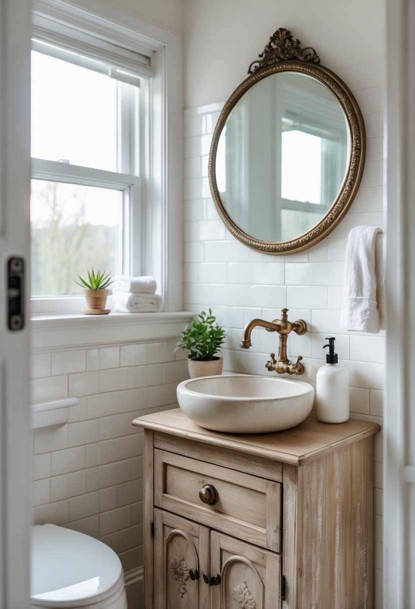 Small bathroom with a compact wooden vanity, round sink, mirror, and soft natural light.