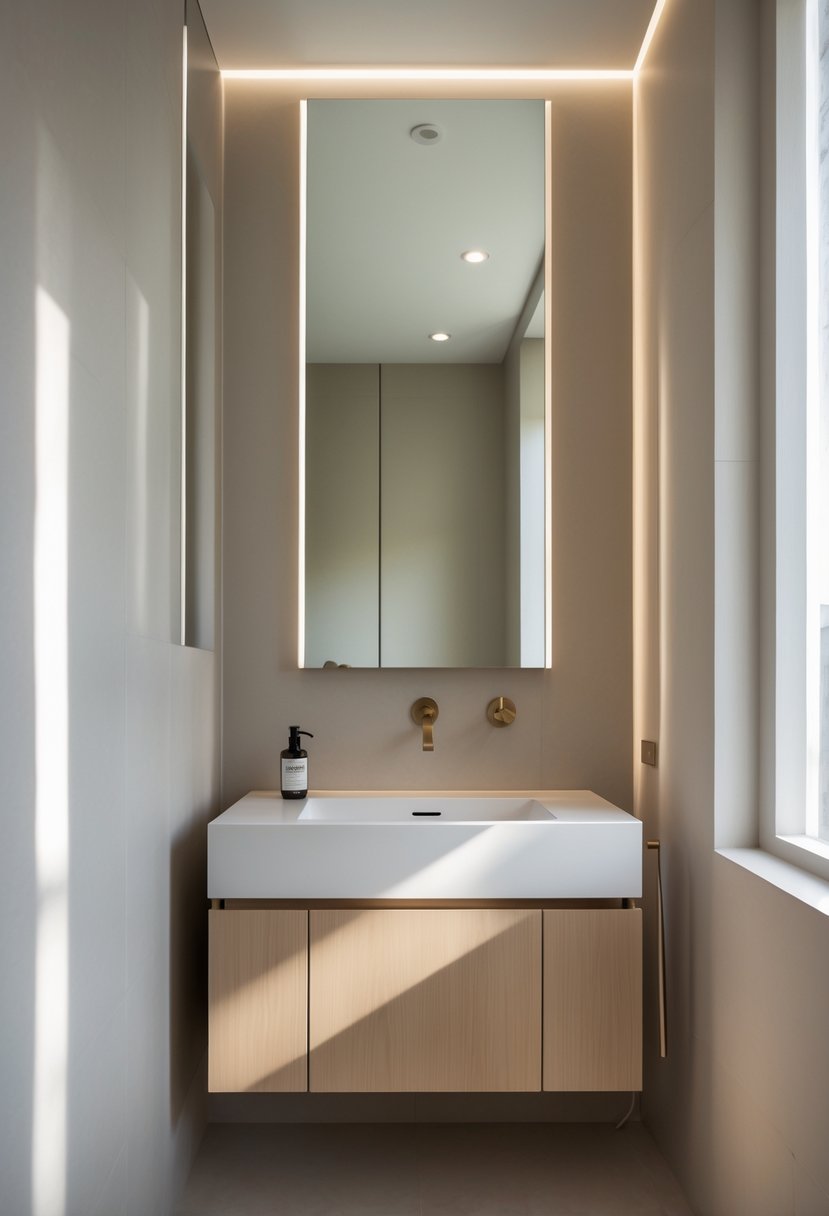 A small bathroom with a slim-profile vanity, a narrow sink, and a tall mirror in a compact space.