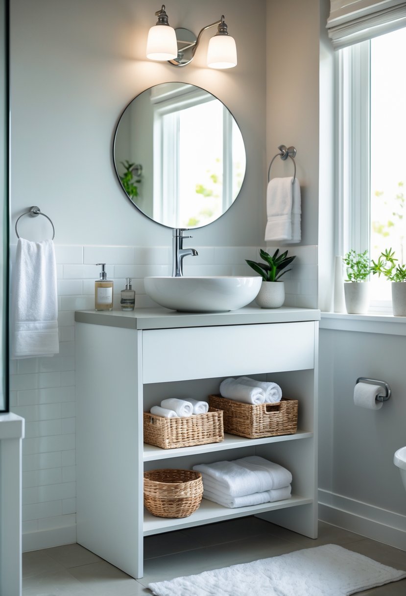 Small bathroom vanity with open shelves holding towels and baskets, a sink with a faucet, a round mirror, and a potted plant in a bright bathroom.