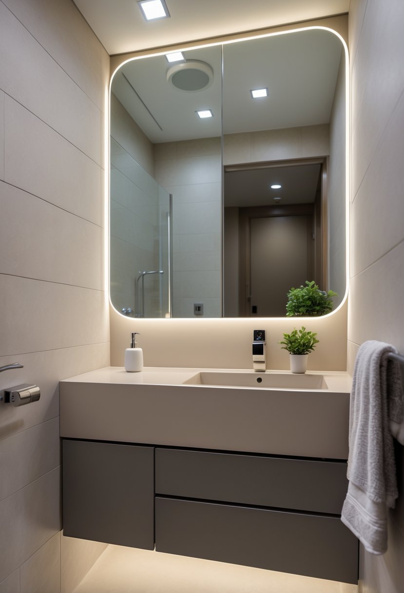 A small bathroom with a dual-purpose vanity featuring a sink and countertop, a mirror above, and a towel rack nearby.