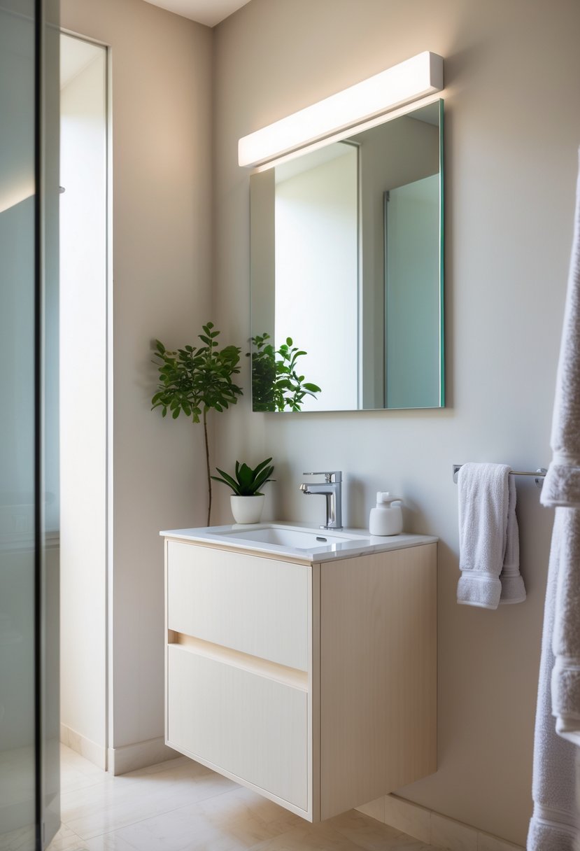 Small bathroom with a light-colored vanity, sink, mirror, and natural lighting.