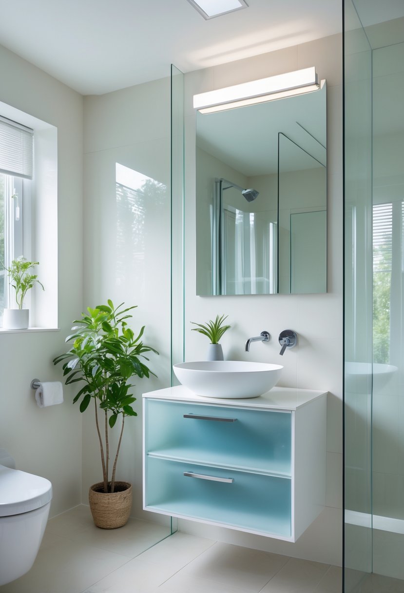 Small bathroom with a compact vanity featuring transparent cabinet fronts, a white sink, and a mirror above, illuminated by natural light.