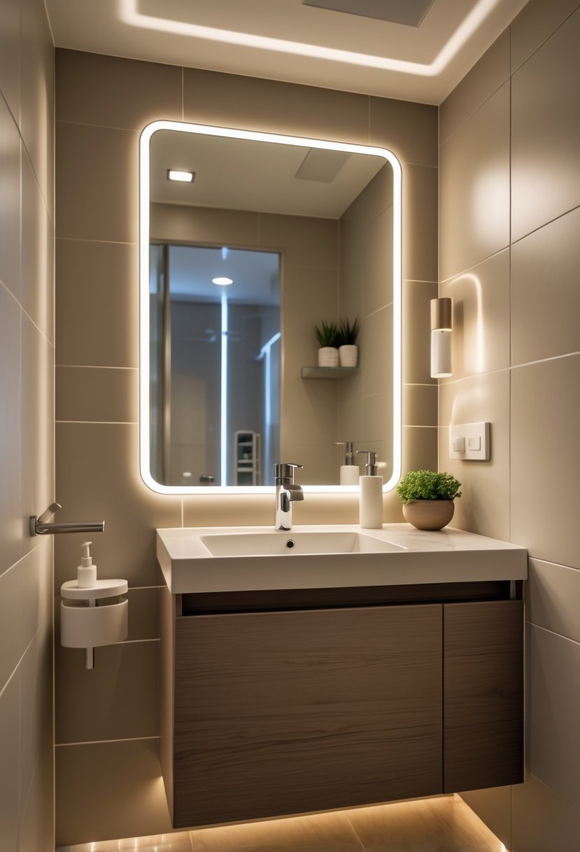Small bathroom with a compact vanity featuring integrated lighting around the mirror and under the countertop, with a sink and neatly arranged toiletries.