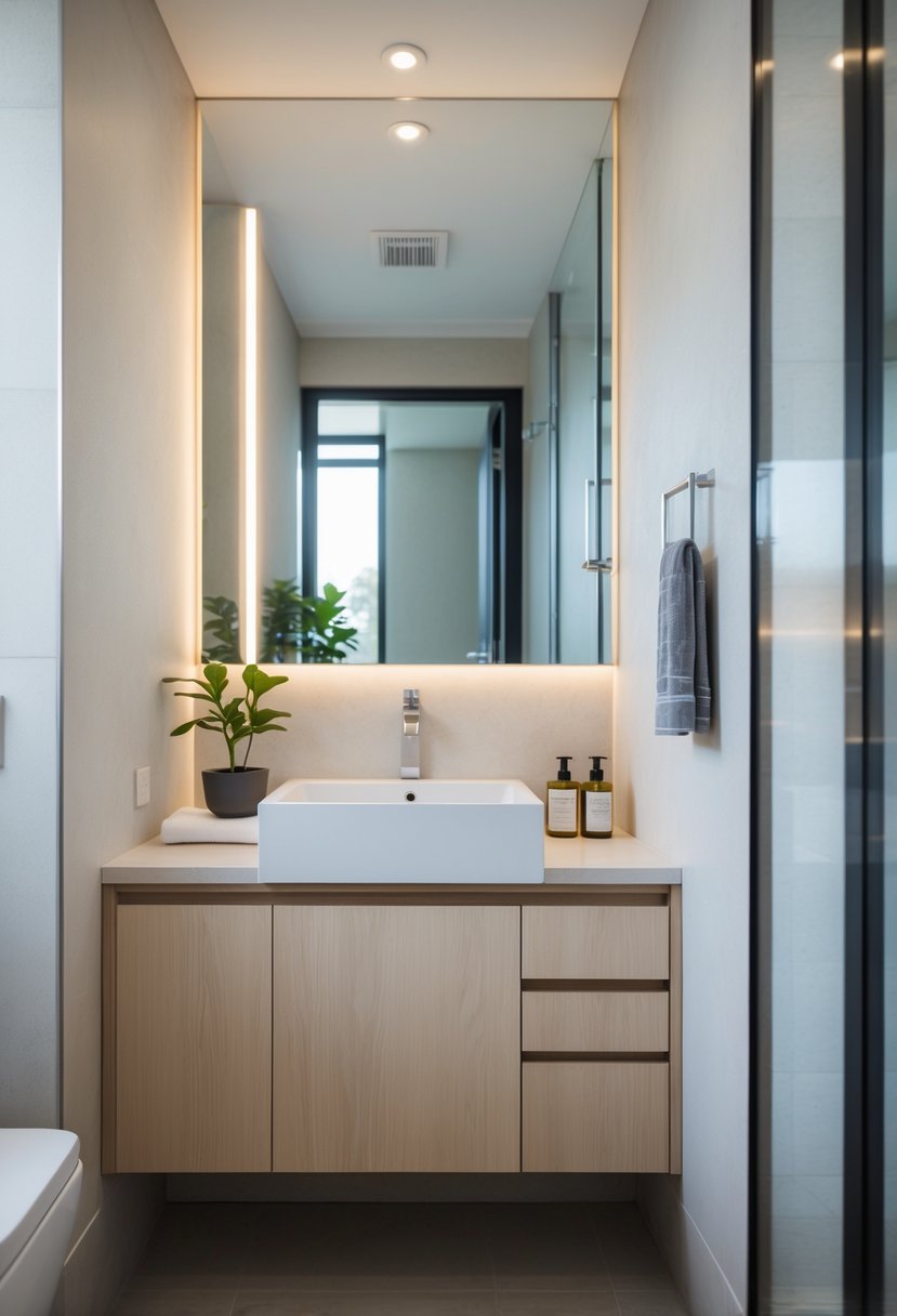 Small bathroom with a custom-built wooden vanity, mirror, and decorative plant in a compact space.
