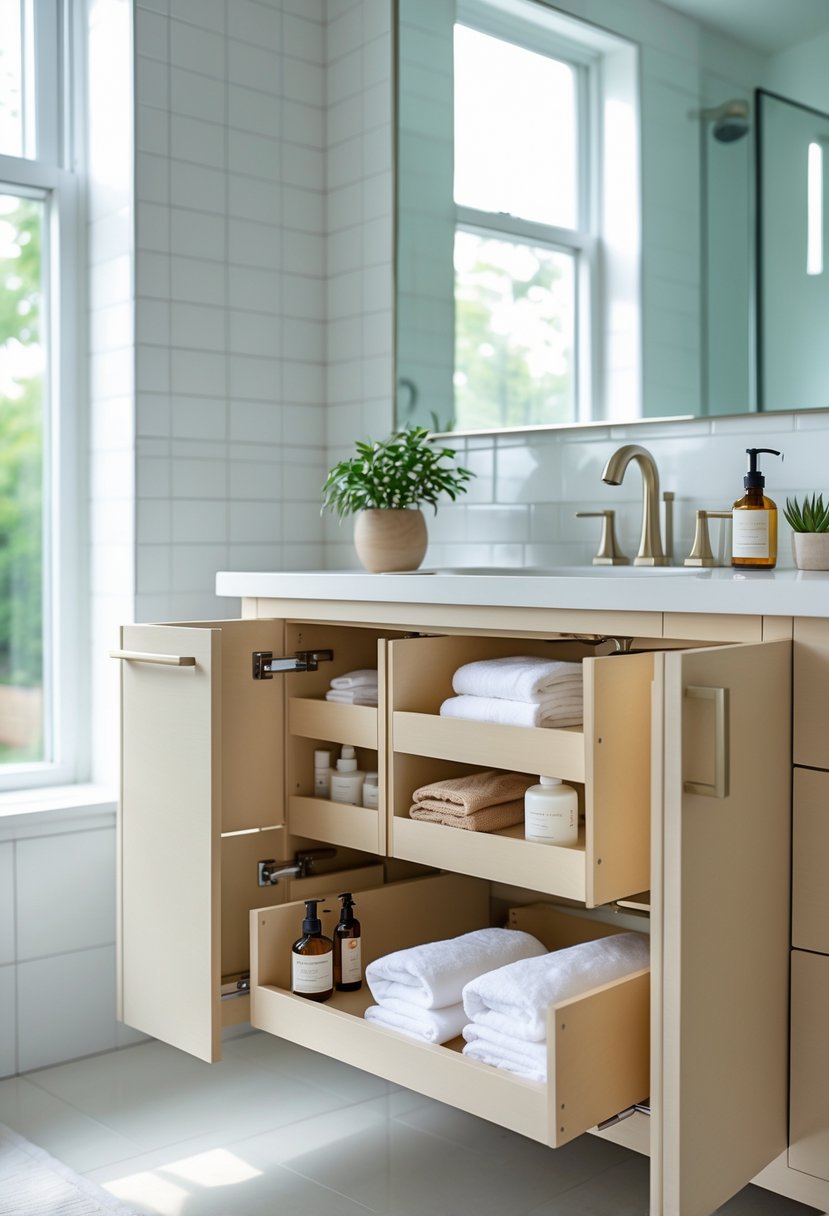 Small bathroom vanity with pull-out organizers holding towels and toiletries under a mirror in a bright bathroom.