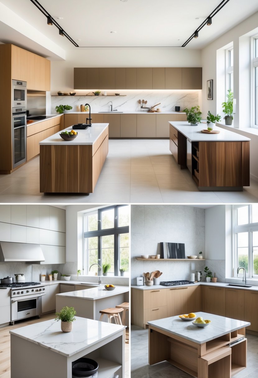 A modern kitchen displaying multiple small kitchen islands with various designs and finishes.