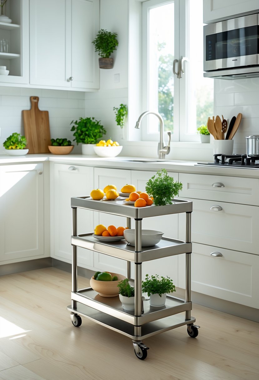 Rolling kitchen island with stainless steel shelves in a small kitchen holding kitchen utensils and fresh produce.