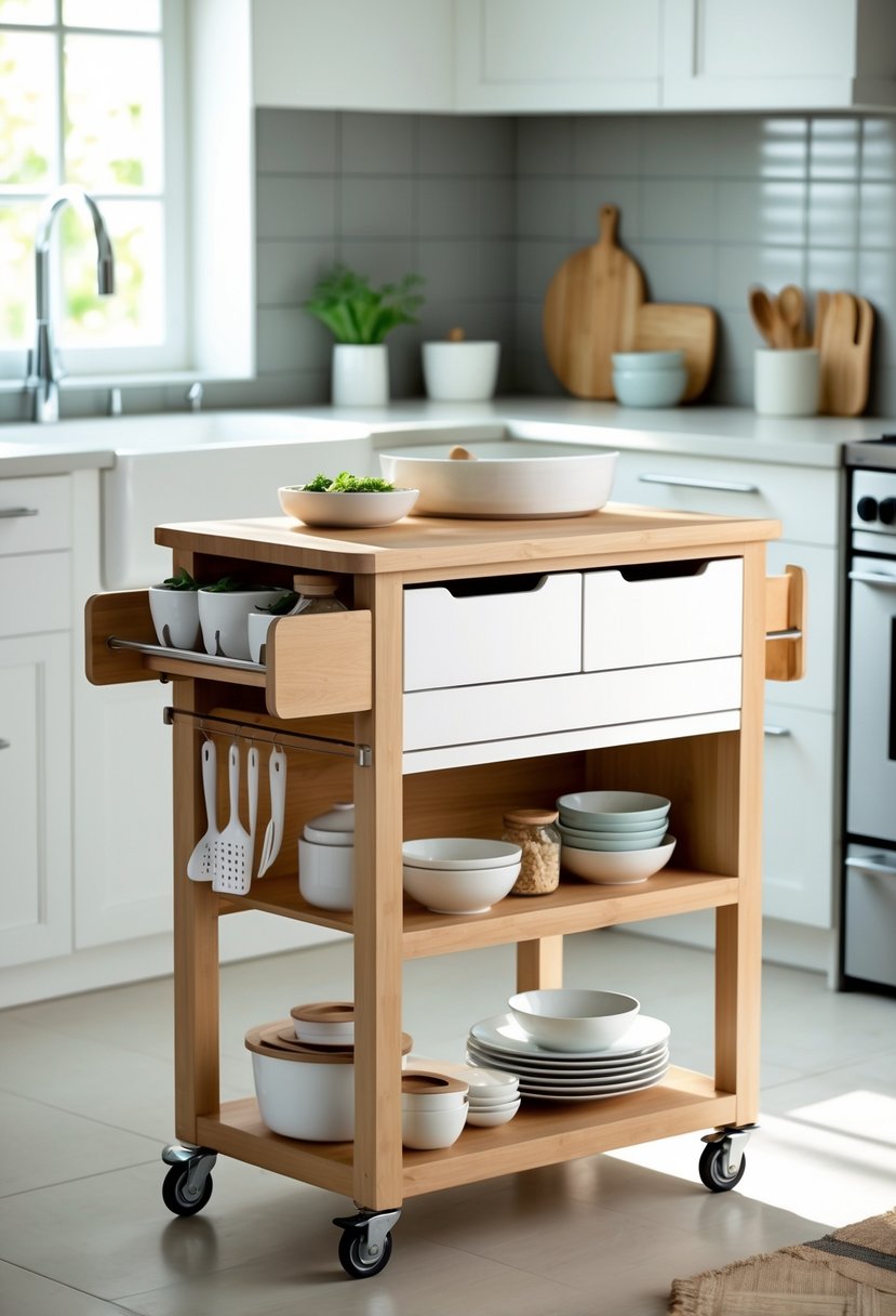 Compact kitchen cart with built-in storage placed in a bright modern kitchen.