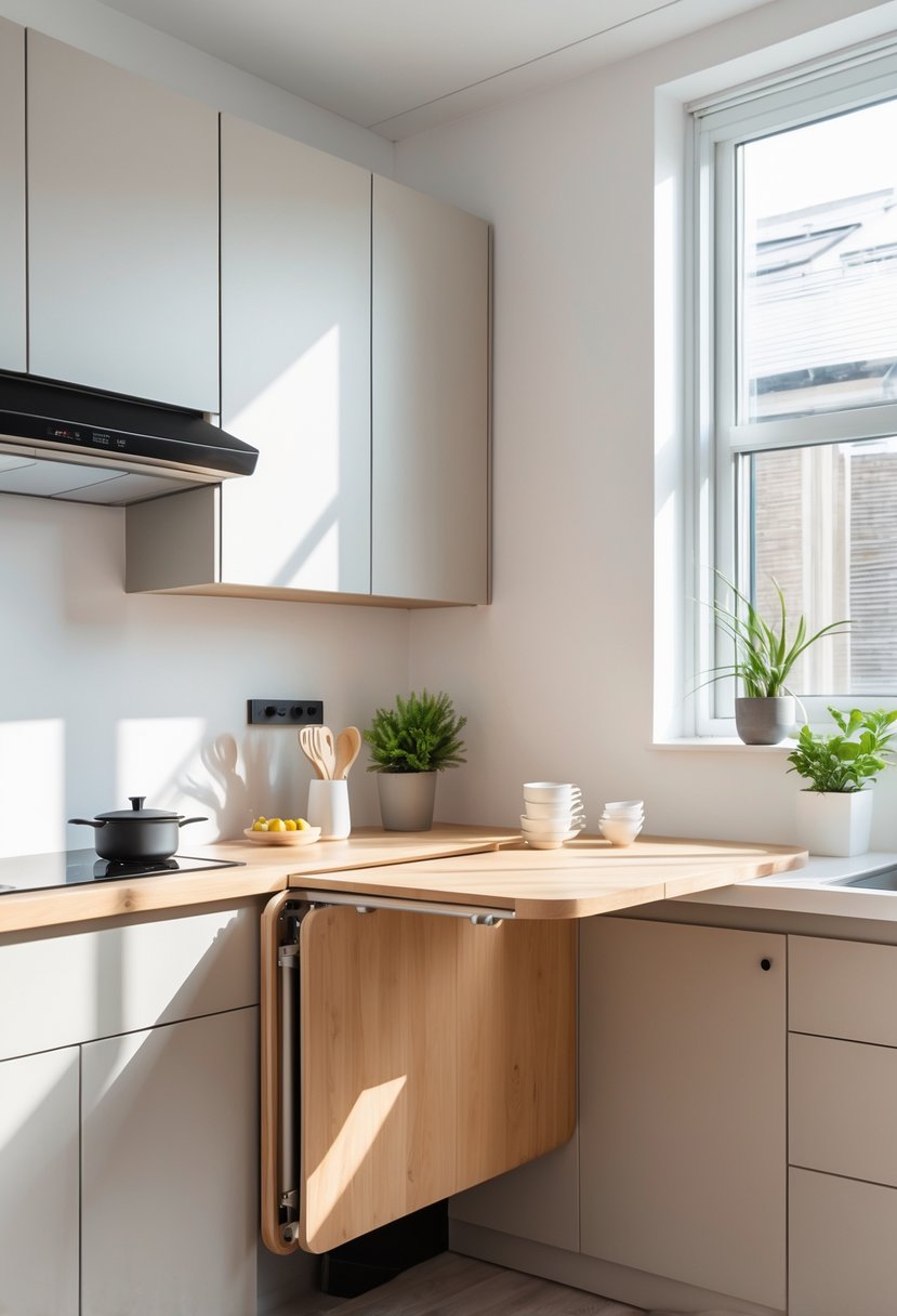 Small kitchen with a wall-mounted foldable island extended, showing a wooden countertop and compact cabinets around it.