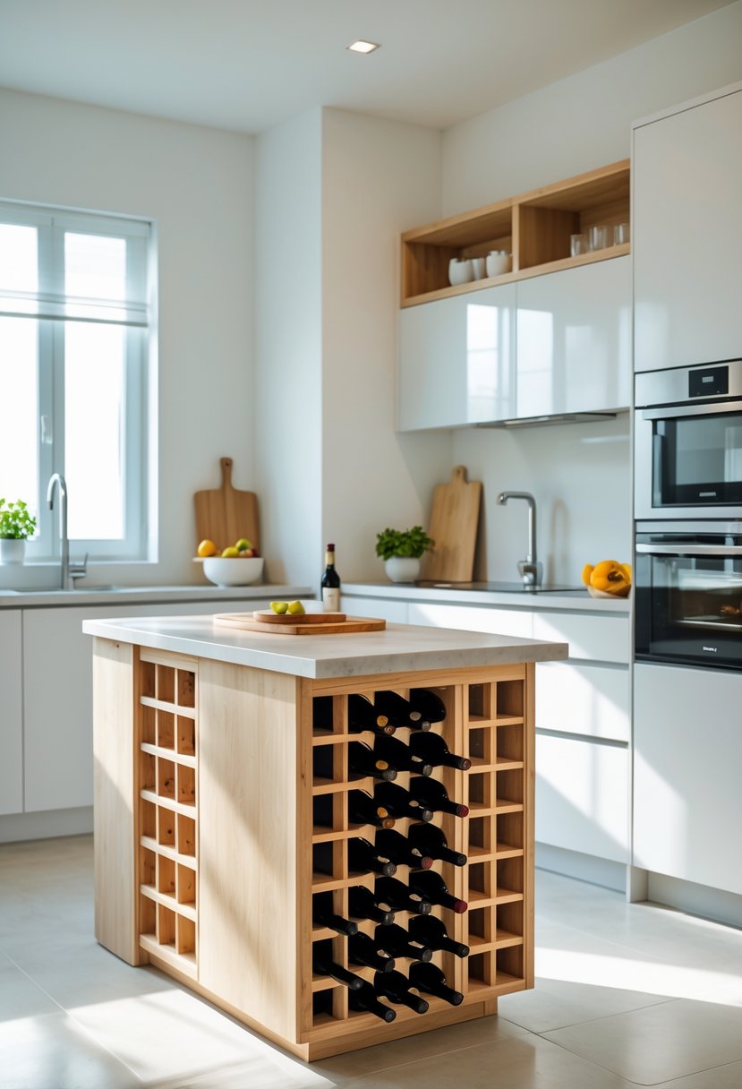 Small kitchen island with a built-in wine rack holding wine bottles in a bright modern kitchen.