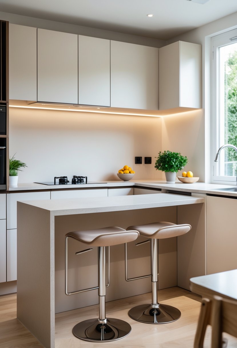 Small kitchen with a kitchen island that has seating for two, featuring bar stools and modern cabinetry.