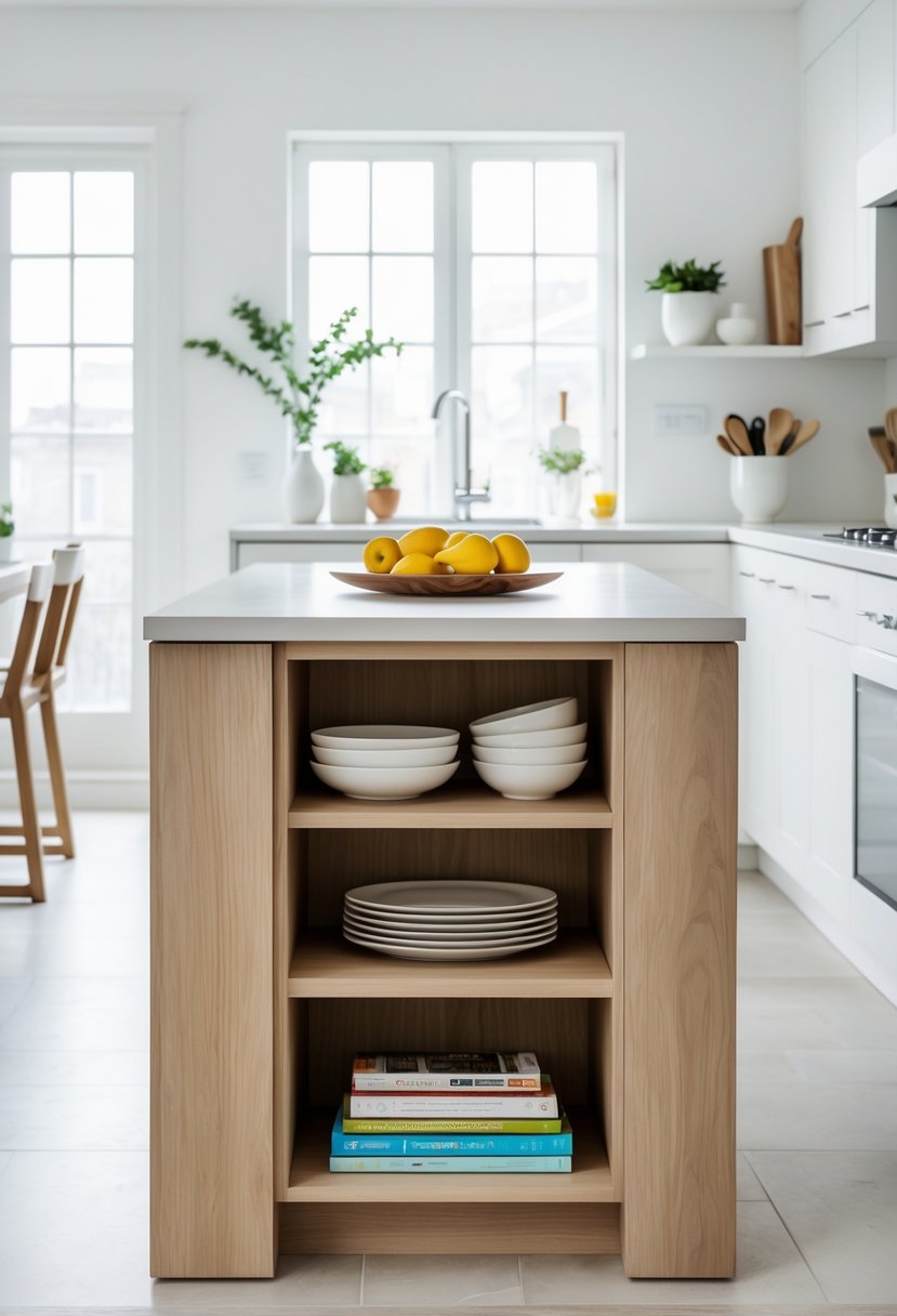 Narrow kitchen island with open shelves below, displaying kitchenware in a bright kitchen.