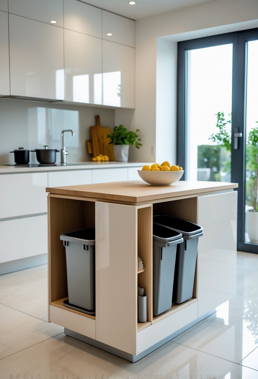 A small kitchen island with hidden trash and recycling bins integrated into its cabinetry in a clean, modern kitchen.