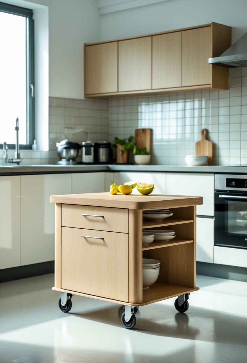 A small kitchen with a mobile island on locking casters surrounded by modern appliances and cabinetry.