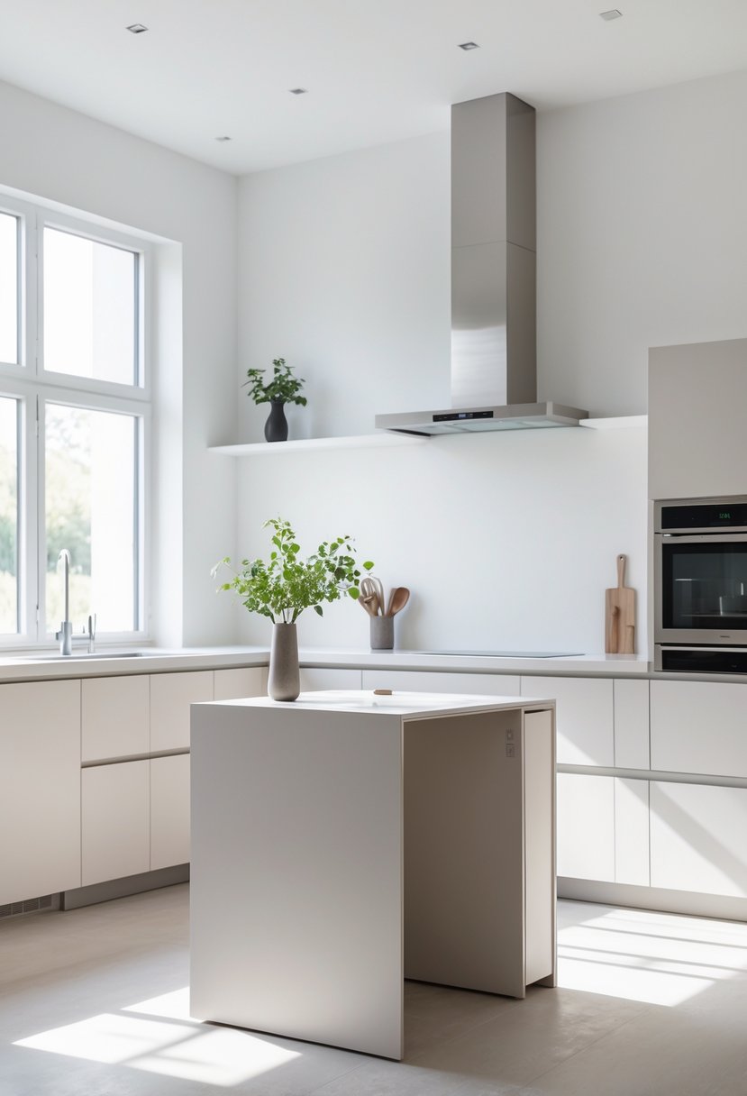 A small, slim kitchen island in the center of a bright kitchen with light cabinets and natural light coming through large windows.