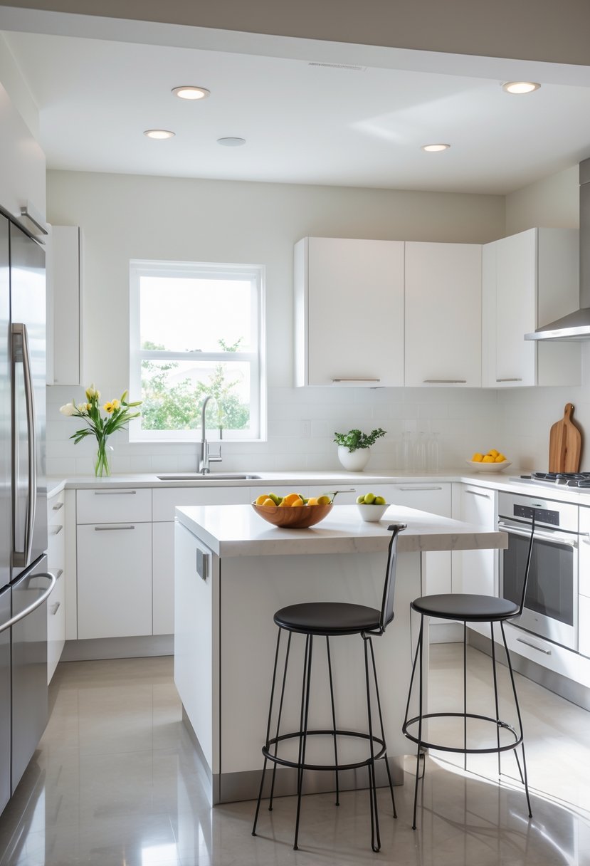 A small kitchen with a compact island that has a breakfast bar extension and two bar stools.