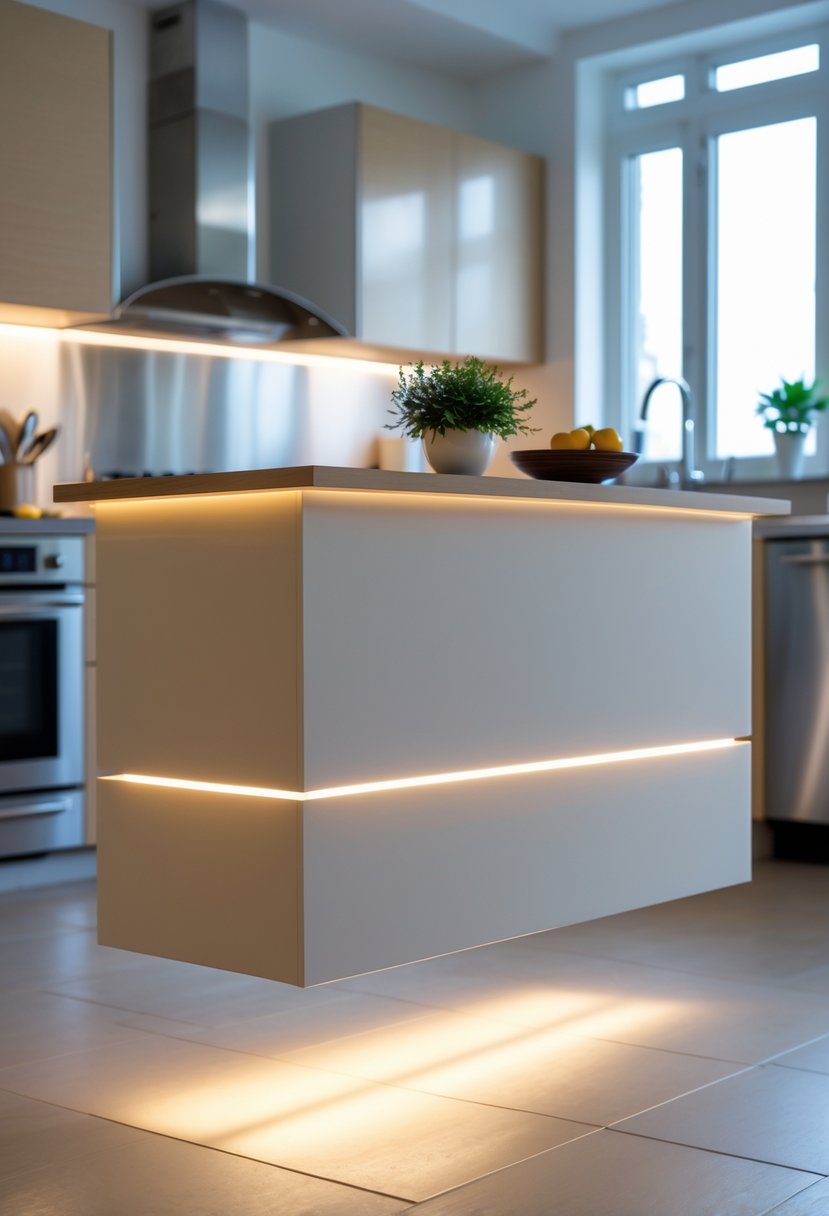 A small floating kitchen island with under-counter lighting in a modern kitchen setting.