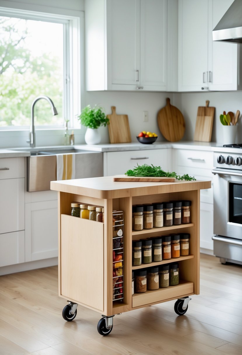 A small kitchen island on wheels with an attached spice rack in a bright kitchen.
