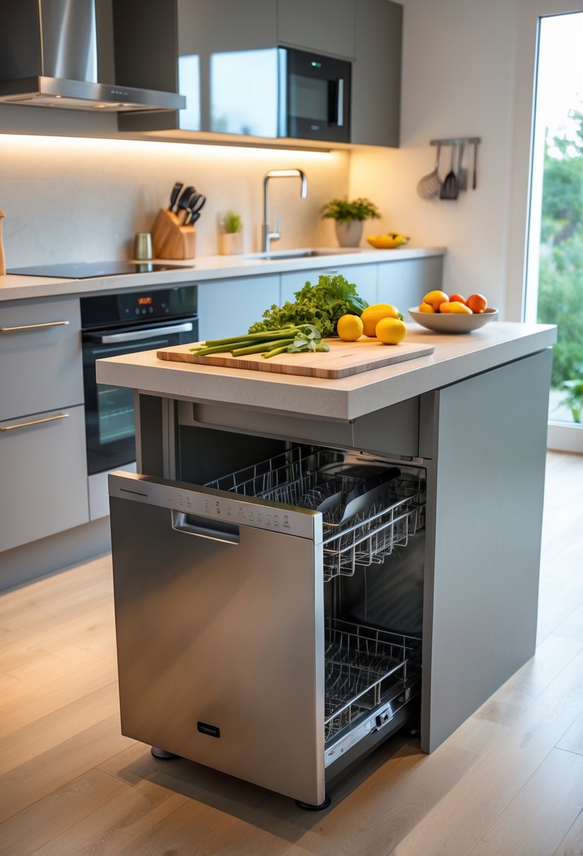A small kitchen island with a prep area and built-in dishwasher in a modern kitchen.