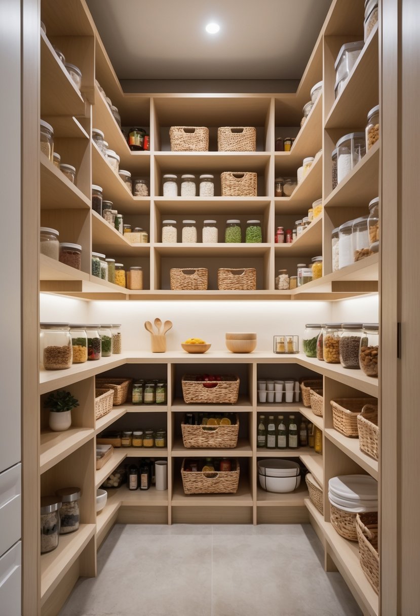 A pantry closet with 15 shelves neatly organized with jars, cans, baskets, and containers.