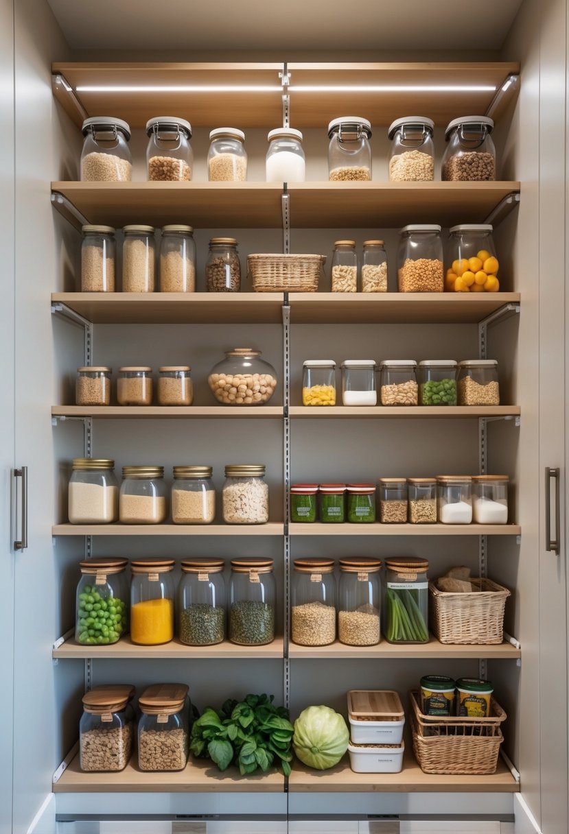 A pantry closet with floor-to-ceiling adjustable shelves filled with jars, containers, and food items.