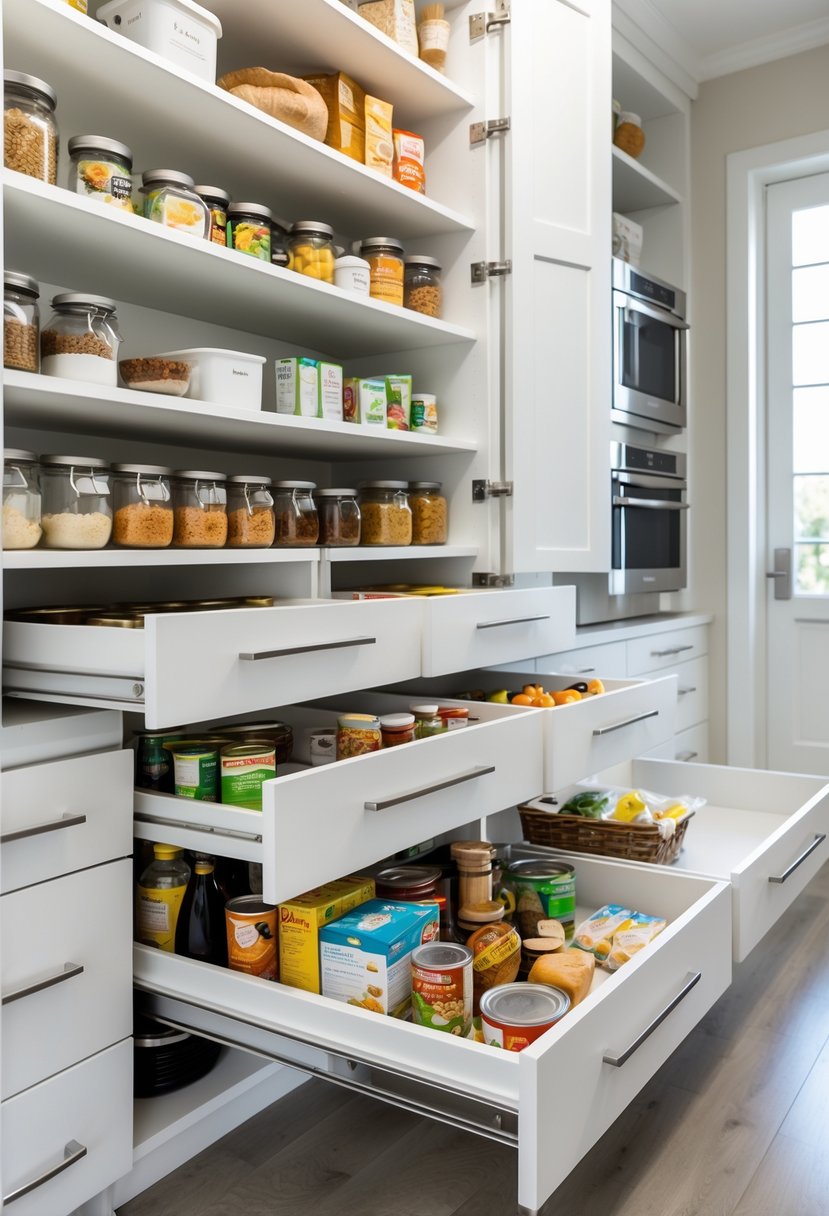 A pantry closet with pull-out drawers containing neatly organized food items.
