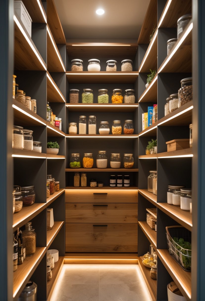 A pantry closet with shelves neatly organized with food items, illuminated by warm LED lighting.