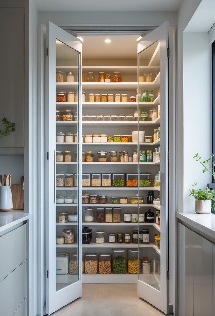 A kitchen pantry with glass-front doors showing organized shelves filled with jars and containers.