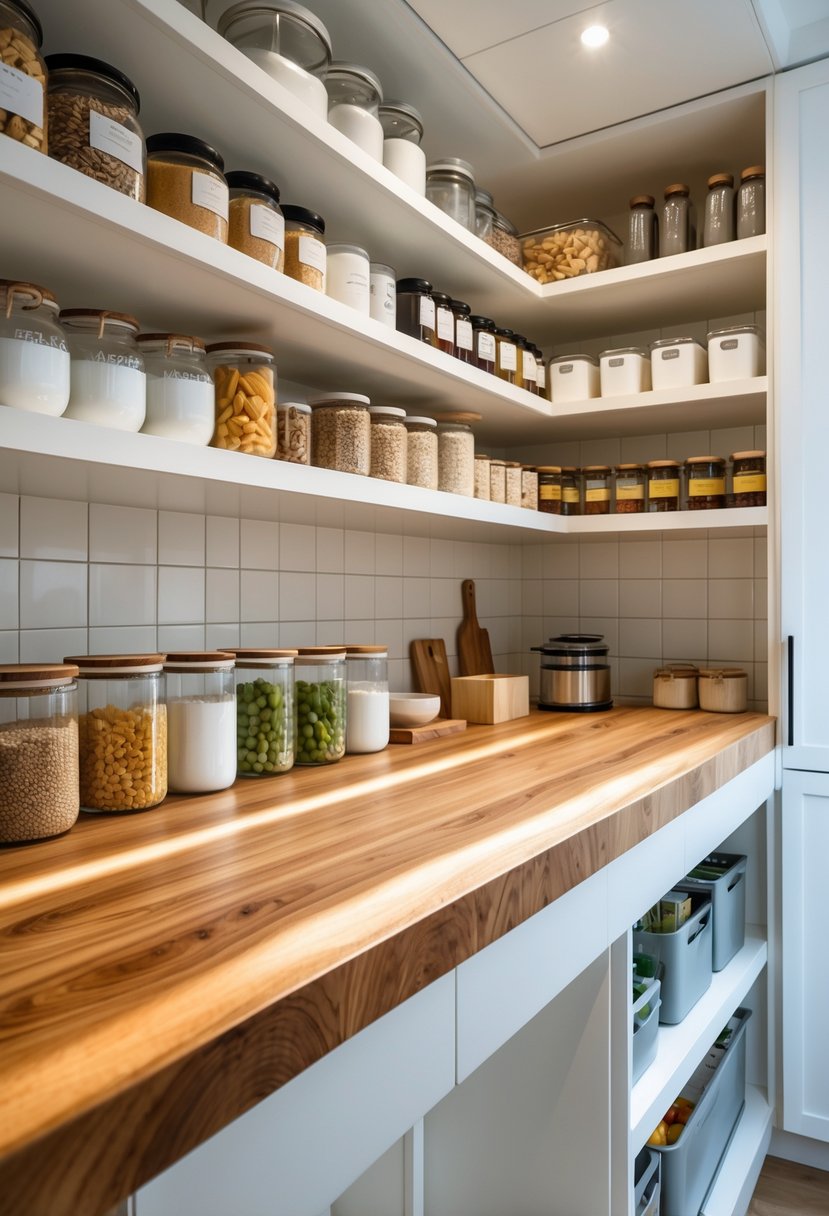 A kitchen pantry closet with a wooden butcher block countertop and organized shelves filled with pantry items.