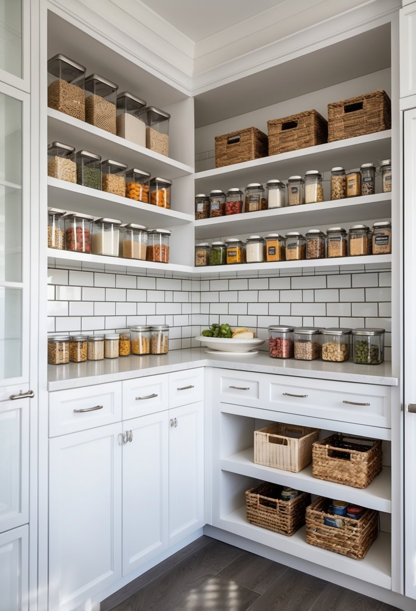 A pantry closet with organized shelves and a white subway tile backsplash.