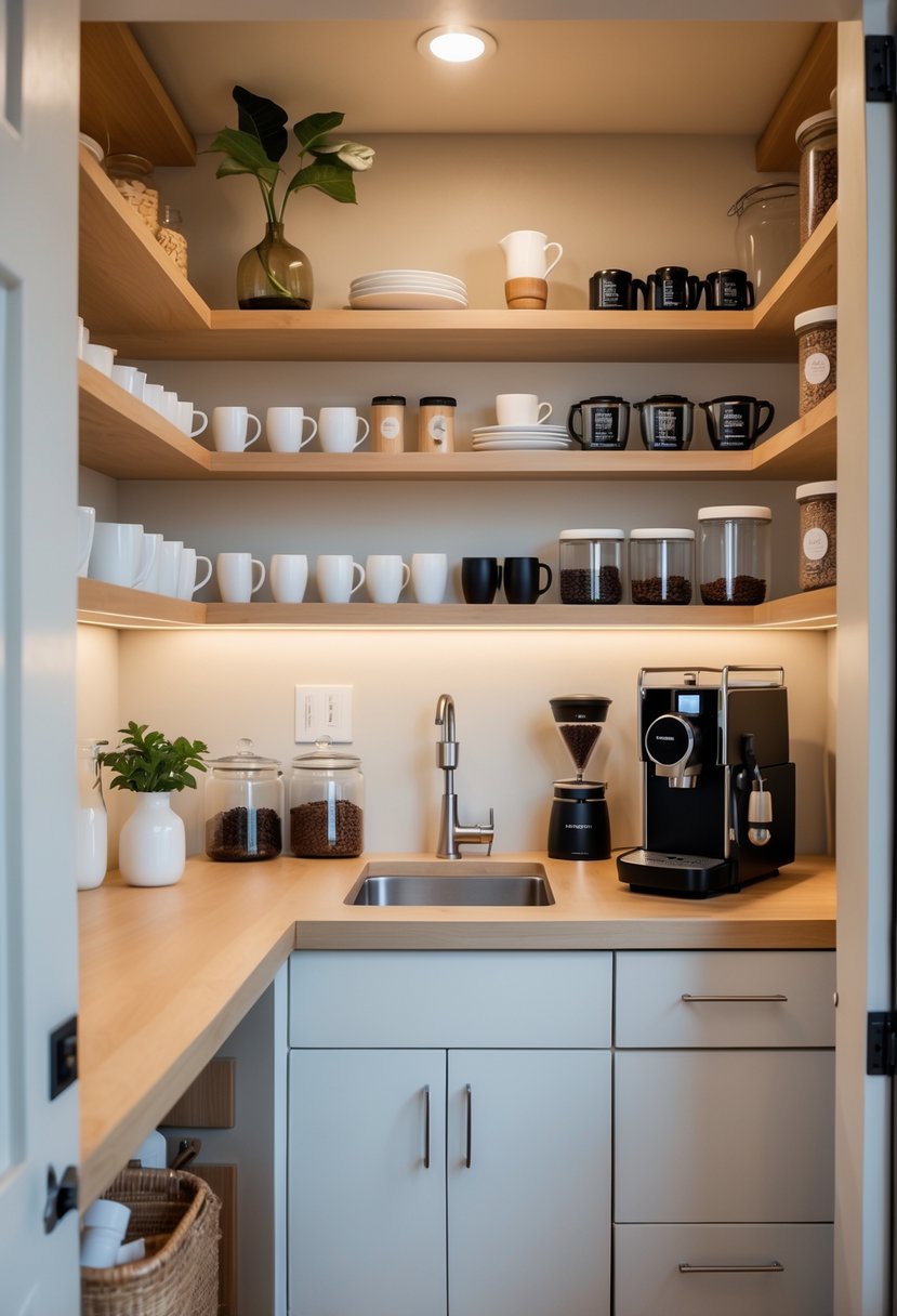 A compact pantry closet converted into a coffee bar with shelves holding mugs, coffee jars, an espresso machine, and a small countertop.
