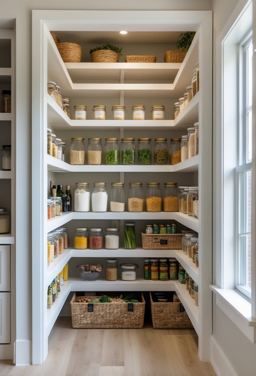 A narrow closet converted into a pantry with white shelves filled with food jars, canned goods, and kitchen items.